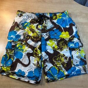 OP Cargo Swim Trunks Hawaiian Hibiscus Print Brown Blue Green L 36/38
